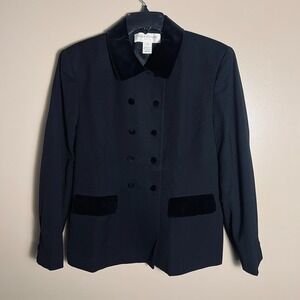 Jones New York Petite Dark Academia Black Wool Velvet Trim Blazer‎ Jacket 12P